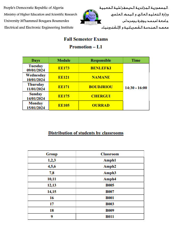 IGEE Fall 2023 Exams schedule